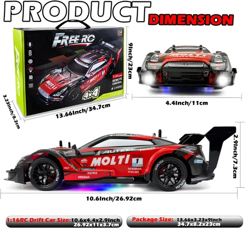 Miniatura 6 de HTURCCOP 1:16 Auto de Deriva RC 2.4GHz con Aspersión, 4WD, Luces LED, Alta Velocidad de 30+KM/H, Coche de Control Remoto con 2 Baterías, 60Min