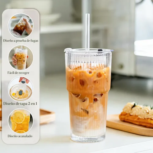 Miniatura 4 de KEMORELA Paquete de 2 vasos de vidrio acanalado de 20 onzas con tapas y pajitas de vidrio, tazas de café helado vintage, vasos reutilizables