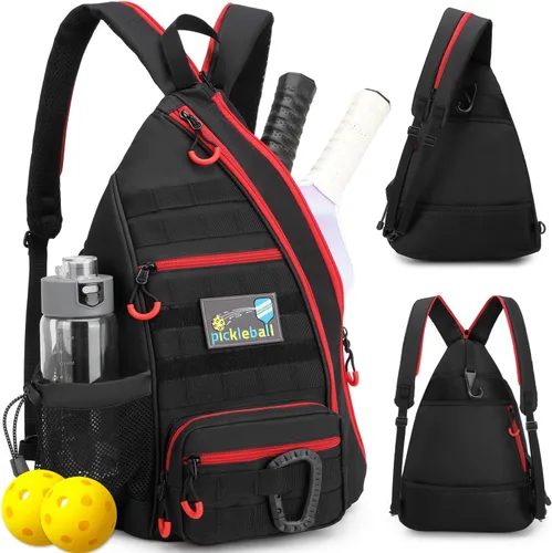 Miniatura 10 de Bandolera de pickleball SunForMorning, mochila táctica de pickleball para mujeres y hombres, bolsa de hombro ajustable con gancho para cerca y Marrón