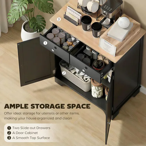 Miniatura 4 de HOMCOM Aparador de buffet con encimera de madera maciza, gabinete de almacenamiento de cocina moderno, gabinete de barra de café con 2 cajones, Negro