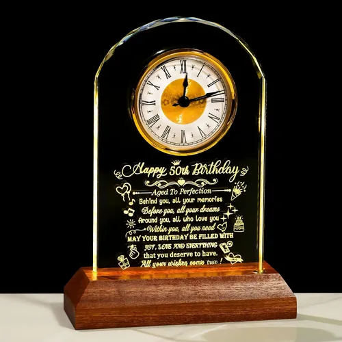Miniatura 16 de Arikyrist Reloj de cristal de feliz cumpleaños 80 para hombres y mujeres, reloj de cuarzo con base de luz LED de madera, regalos de cumpleaños de 80