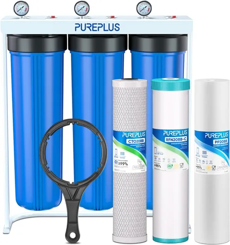 PUREPLUS Filtro de agua de 3 etapas para toda la casa de 20 pulgadas, sistema de filtración para el hogar | Sedimentos, carbón activado granular,