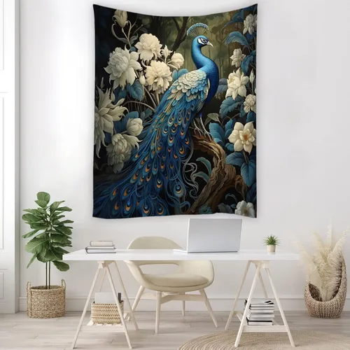 JONSEQIN Tapiz de pavo real asiático elegante pájaro vintage rústico flores de granja animales plantas naturaleza flores silvestres colcha de picnic