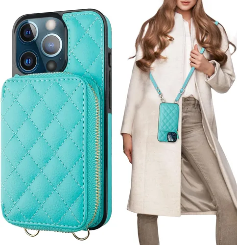 Miniatura 13 de Bocasal Funda tipo cartera cruzada para iPhone 13 Pro, con bloqueo RFID, de piel sintética, con cremallera, funda tipo cartera con función atril