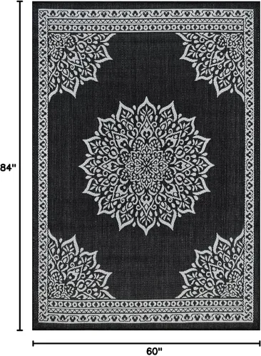 Miniatura 2 de CAMILSON Alfombra para exteriores, 5 x 7 pies, diseño de medallón negro y blanco, alfombras modernas para patios interiores y exteriores, tapete