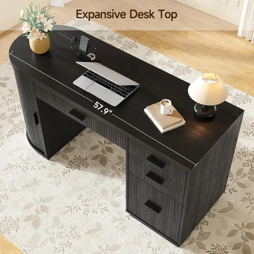 Miniatura 7 de ONBRILL Escritorio ejecutivo acanalado de 58 pulgadas, escritorio para computadora con cajones de almacenamiento y cajón de archivos, moderno Negro
