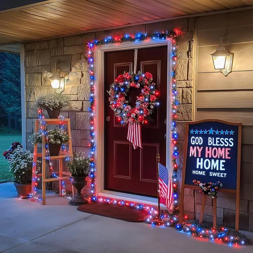 Miniatura 2 de JMEXSUSS 250 luces LED rojas, blancas y azules para decoraciones del 4 de julio, luces patrióticas conectables de 91.5 pies para exteriores
