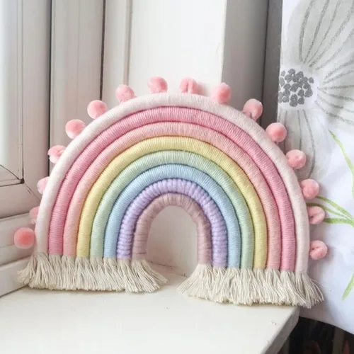 Miniatura 6 de Decoración grande de macramé para colgar en la pared, guirnalda de pompones hecha a mano, decoración de arco iris para habitación de niños, niñas