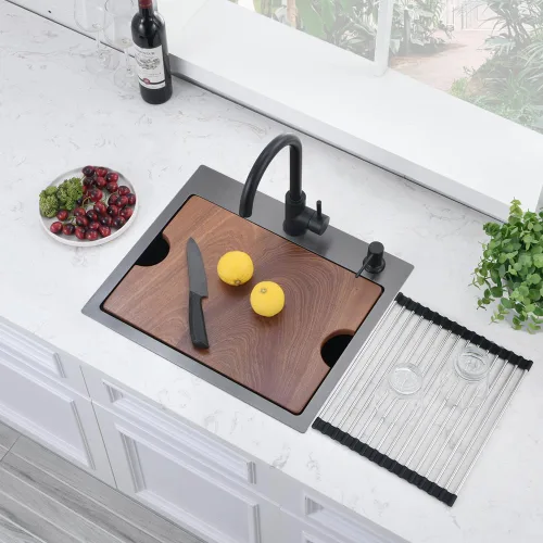 Miniatura 4 de Fregadero de cocina/bar negro empotrable de 20 x 17 pulgadas, estación de trabajo de acero inoxidable calibre 16, fregadero pequeño para cocina
