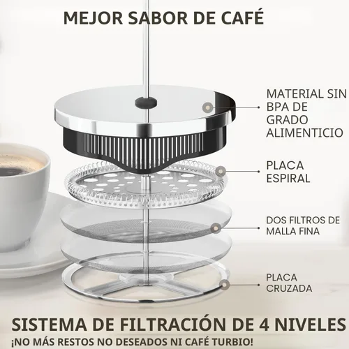 Miniatura 3 de Cafe Du Chateau Cafetera de prensa francesa de acero inoxidable de 34 onzas, prensa de café aislada fácil de usar con filtración de 4 niveles, A.