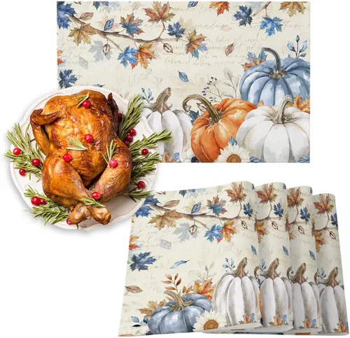 Miniatura 9 de Juego de 4 manteles individuales de otoño de Acción de Gracias, manteles individuales antideslizantes con calabazas azules y naranjas, manteles