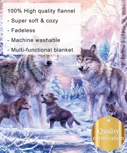 Miniatura 5 de KYKU Mantas y mantas de lobo rosa, manta de vellón de lobos con animales decorativos de nieve para adultos y niños, diseño de amor familiar, bonito