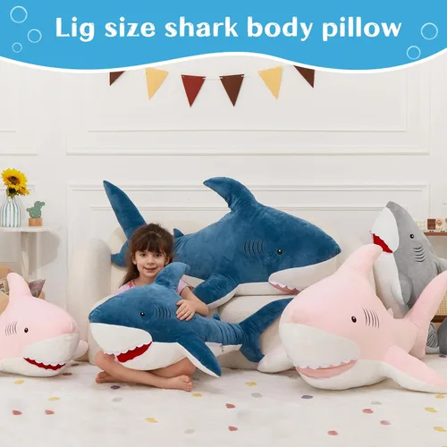 Miniatura 4 de MorisMos Peluche de tiburón gigante de 39 pulgadas, almohada grande de peluche de tiburón para niños, novia, color azul Tiburón azul 39