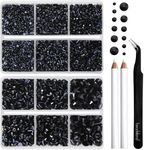 Miniatura 21 de BEADSLAND Hotfix - 6080 diamantes de imitación azul oscuro para ropa y manualidades, mezclados en 6 tamaños con kit de lápiz de cera y pinzas, Zafiro