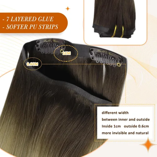 Miniatura 4 de Full Shine - Extensiones de cabello con clip ombré de 12 pulgadas, de castaño oscuro a rubio platinado, cabello humano real con trama de PU, 8 piezas