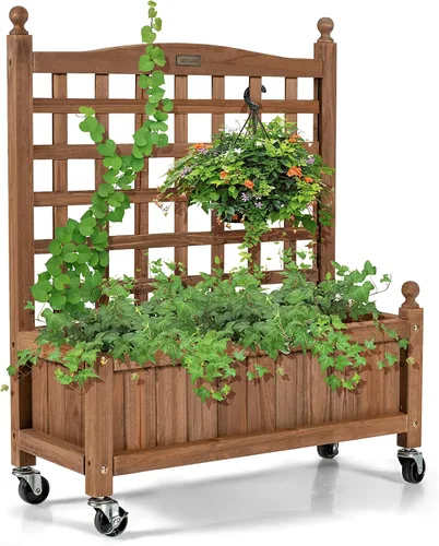 Giantex Cama elevada móvil para plantas, maceta de madera con enrejado y ruedas, caja de flores para escalada de plantas, jardín vertical para