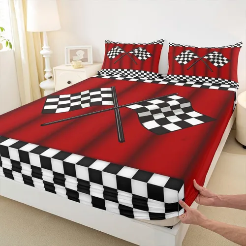 Miniatura 4 de Erosebridal Sábana bajera ajustable individual de bandera de coche de carreras para niños, sábanas de bandera de cuadrícula de búfalo blanco