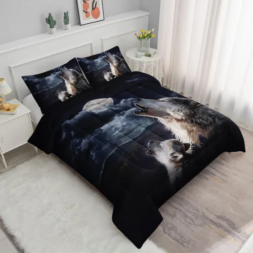 Miniatura 2 de Datura home - Juego de edredón para niños con lobo de tormenta para niños y niñas, edredón de lobo acuarela con nubes oscuras y animales salvajes