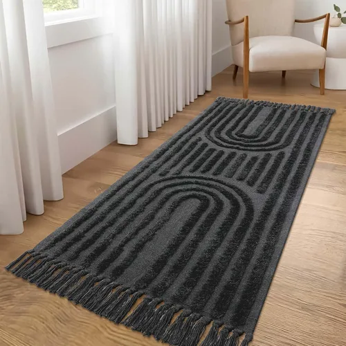 Miniatura 18 de LEEVAN - Alfombra de camino estilo bohemio lavable 2 x 5 pies, tejida en color beige, de algodón para cocina rústica con borlas, alfombra de acento