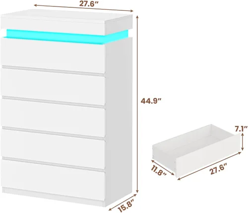 Miniatura 2 de HAUOMS Cómoda alta de 5 cajones con luz LED, cómoda moderna blanca para dormitorio, vestidor de armario con cajones para sala de estar, entrada