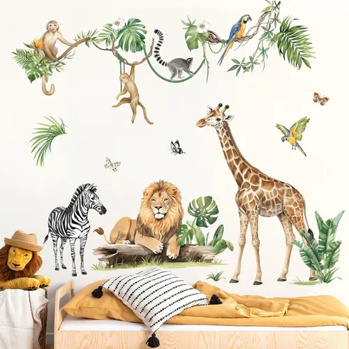 Miniatura 10 de decalmile Calcomanías de Pared de Rama de Árbol de Animales de la Selva Safari Mono Jirafa León Pegatinas de Pared Guardería Habitación de Niños