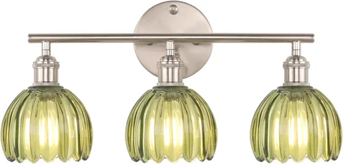 Shenmoyl Accesorios de Iluminación para Baño, Luz de Pared de Tocador de 3 Luces Sobre Espejo con Pantalla de Cristal de Tulipán Verde para Base de