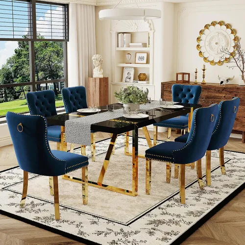 Miniatura 25 de Juego de mesa de comedor negra para 4, parte superior negra brillante de 55 pulgadas con patas de metal dorado, juego de mesa de comedor moderno