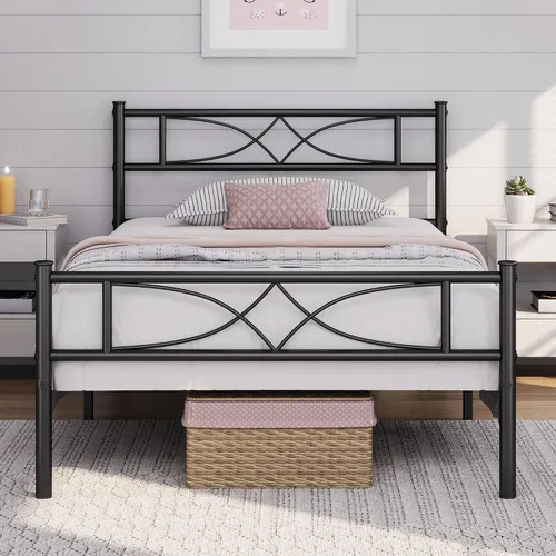 Yaheetech Estructura de Cama Tamaño Twin Plataforma de Metal con Cabecero de Diseño Curvo Piecero/No Necesita Somier/Base de Colchón/Soporte Negro