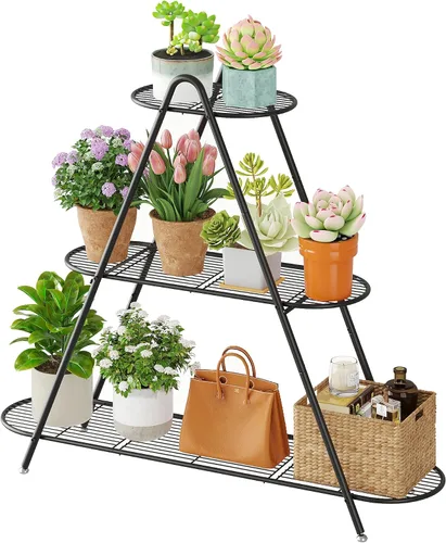 Miniatura 9 de Soporte de 3 niveles para plantas, estante de metal para plantas, resistente para interiores y exteriores, estante para múltiples macetas