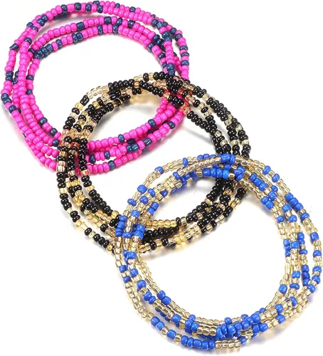 Sailimue 3 cuentas de cintura para mujer, cuentas de vientre de cadena elástica, cuentas de cintura africana para mujer, tallas grandes, joyería de