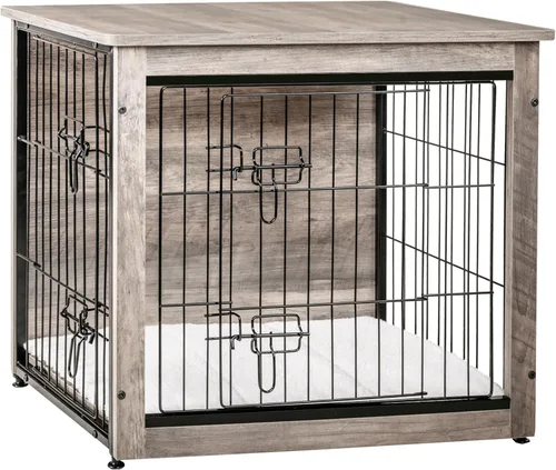 Miniatura 32 de DWANTON Mueble de jaula para perros con cojín, mesa de madera para perros con puertas dobles, casa de perro de interior, tamaño pequeño, mediano