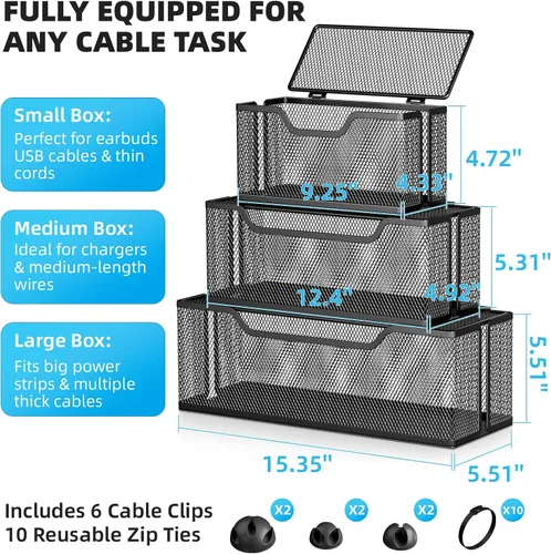 Miniatura 3 de Marbrasse Paquete de 3 cajas de organización de cables, caja organizadora de cables de malla metálica para cables de TV, ocultación eléctrica