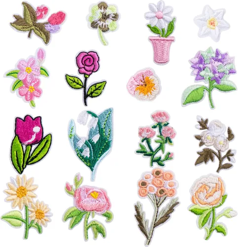 HINZIC 20 mini parches de flores para planchar, 17 patrones, parches bordados decorativos, apliques de costura floral, apliques de San Valentín,