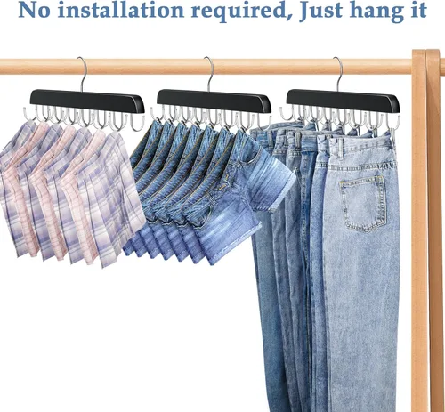Miniatura 6 de Ganchos para jeans para armario, 14 ganchos de madera para jeans que ahorran espacio, ganchos giratorios de 180° para faldas, pantalones cortos