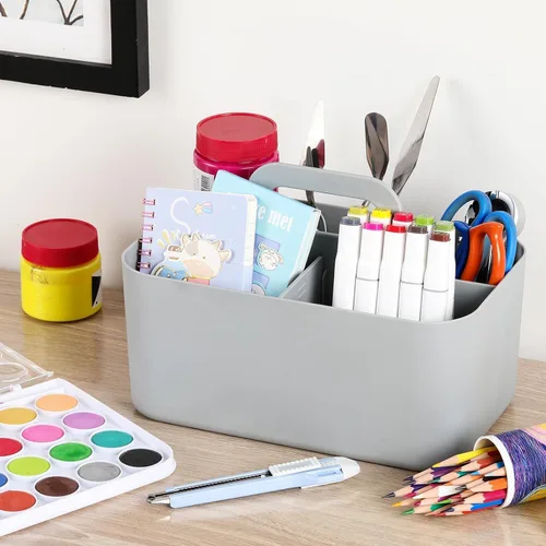 Miniatura 3 de Organizador Caddy Multiusos con Asa - Contenedor de Plástico Apilable Tote - Suministros de Arte y Manualidades, Oficina, Escritorio, Papelería, Gris