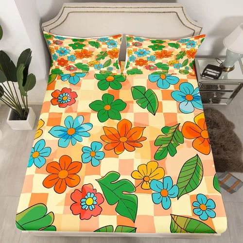 Miniatura 26 de Juego de ropa de cama con diseño floral bohemio, tamaño individual, diseño retro de flores groovy, 60S y 70S, diseño de flores hippie para niños