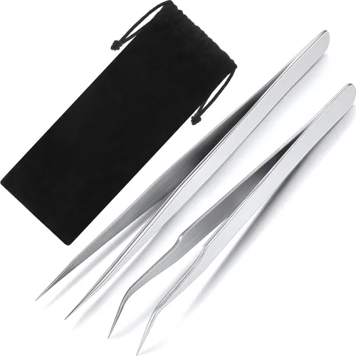Miniatura 8 de Hotop 2 Piezas Pinzas de punta recta y curva para extensiones de pestañas, Herramientas de aplicación de pestañas postizas de acero inoxidable rosa.