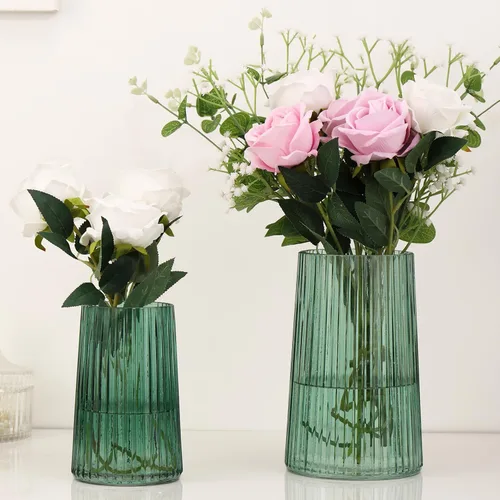 Miniatura 50 de Jarrón de vidrio ámbar para flores, florero para ramo, jarrones de vidrio modernos, jarrones acanalados para sala de estar, dormitorio, mesa