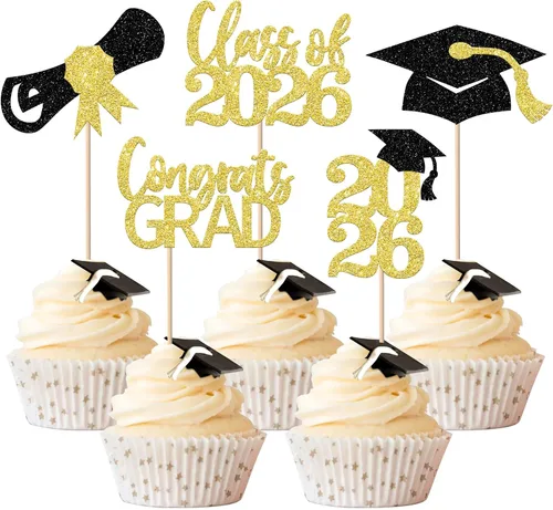Miniatura 54 de Paquete de 24 adornos para cupcakes de clase 2025 con purpurina 2025 para diploma de graduación 2025 para cupcakes temáticos de graduación 2025