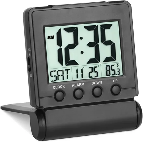 FAMICOZY Pequeño Reloj Despertador Digital Plegable de Viaje con Día/Mes/Fecha/Temperatura Interior, Fácil de Leer y Configurar, Volumen de Alarma
