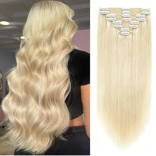 Miniatura 29 de 8Pcs Clip in Hair Extensions Real Human Hair, 140G 18 Inch Ash Blonde Mix Bleach Blonde 18P613