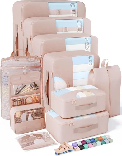 Veken Juego de 10 cubos de embalaje para viajes, accesorios esenciales para vacaciones en la playa, cruceros, bolsas organizadoras de maleta para