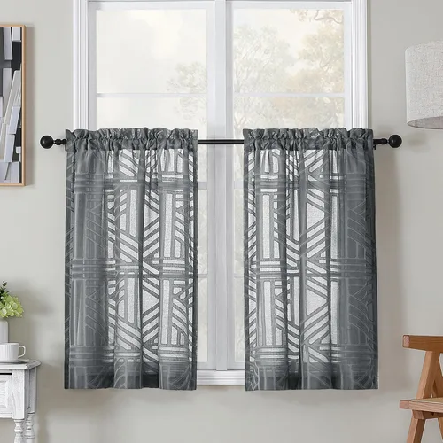 Miniatura 78 de Simplebrand Cortinas traslúcidas negras de cocina de 24 pulgadas de largo, 2 paneles, filtrado de luz, geométrico jacquard con textura, cortinas