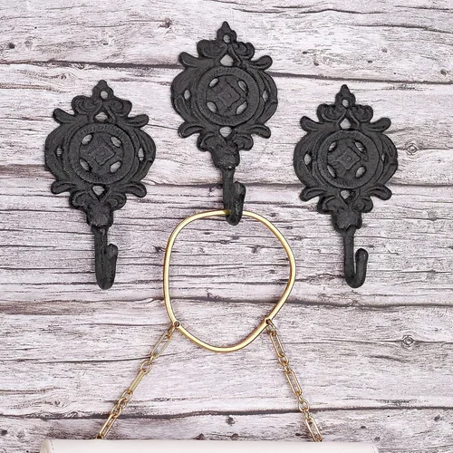 Ambipolar Gancho de hoja india antiguo decorativo estilo vintage resistente ganchos de pared para abrigos, paquete de 3 (color negro antiguo)