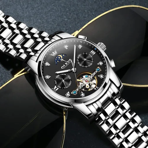 Miniatura 5 de OLEVS Men Automatic Watch Skeleton Moon Phase Dial Luxury Dress Stainless Steel Strap 5 Hands Diamond Men Wrist Watches