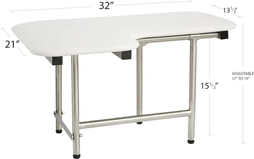 Miniatura 5 de Asiento de ducha plegable para diestros de 32 x 22.5 pulgadas, para montaje en pared, acolchado blanco, con patas, cumple con ADA