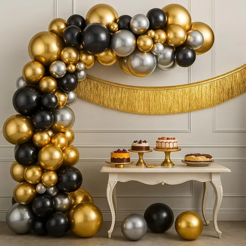 KatchOn, Kit de arco de globos de graduación dorados y negros 2026 – Paquete de 85 | Flecos de graduación, telón de fondo de graduación para