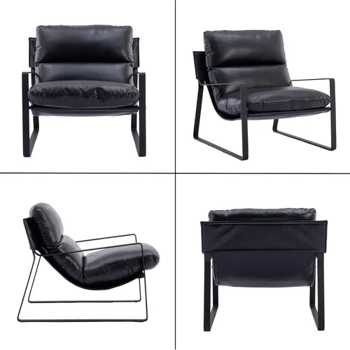 Miniatura 7 de HEAH-YO Juego de 1 silla moderna de piel sintética con cojín extraíble y marco de metal sólido, cómoda silla de lectura para dormitorio, color negro