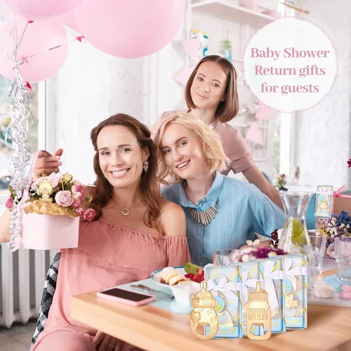 Miniatura 7 de Abrebotellas de bebé, 24 piezas, llavero con huella de oso y niño, abrebotellas con caja de regalo azul, recuerdos de fiesta de baby shower