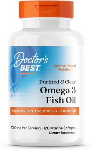 Doctor's Best Suplemento de aceite de pescado Omega 3 para mujeres y hombres, fuente de ácidos grasos DHA, EPA y omega-3, purificado, alta potencia